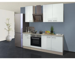 Küchenblock Flex Well Abaco 9838 Perlmutt glänzend/Akazie-Dekor 210 cm inkl. Einbaugeräte