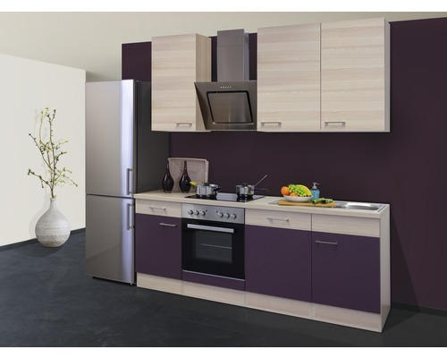 Küchenblock Flex Well Focus 9928 Akazie-Dekor/Aubergine 220 cm inkl. Einbaugeräte