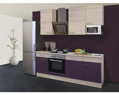 Küchenblock Flex Well Focus 9939 Akazie-Dekor/Aubergine 220 cm inkl. Einbaugeräte