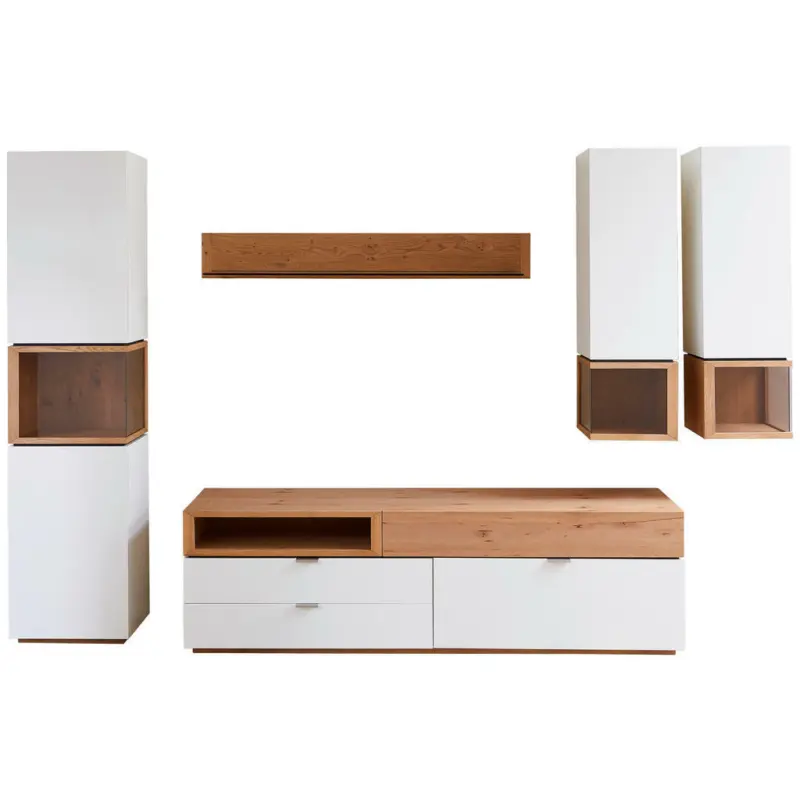 Wohnwand 316/205/50 cm in Wei&szlig;, Eichefarben