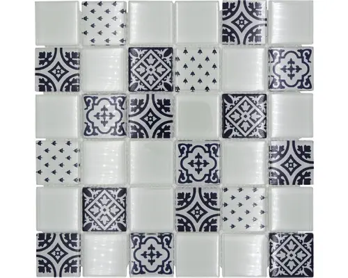 Glasmosaik Crystal Quadrat XCM 8OP1 30,0x30,0 cm weiß schwarz