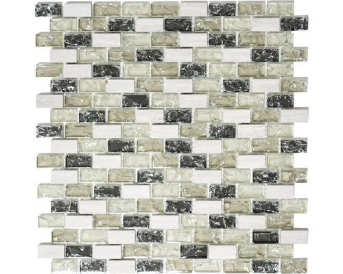 Glasmosaik mit Naturstein Brick XICB1152 30,0x28,5 cm grau grün