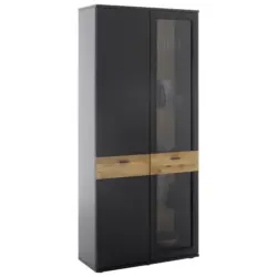 Vitrine in furniert, massiv Eiche Grau, Schwarz, Eichefarben