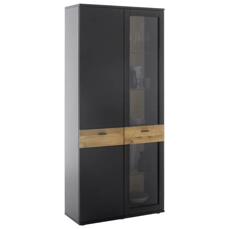Vitrine in furniert, massiv Eiche Grau, Schwarz, Eichefarben
