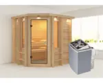 Hornbach Massivholzsauna Karibu Malaya inkl. 8 kW Ofen u.integr.Steuerung und Dachkranz mit bronzierter Ganzglastüre
