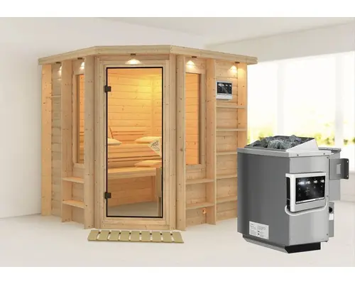 Massivholzsauna Karibu Malaya inkl. 9 kW Bio Ofen u.ext.Steuerung und Dachkranz mit bronzierter Ganzglastüre