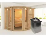 Hornbach Massivholzsauna Karibu Spinell inkl. 9 kW Ofen u.integr.Steuerung mit Dachkranz und bronzierter Ganzglastüre