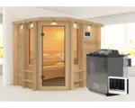 Hornbach Massivholzsauna Karibu Spinell inkl. 9 kW Bio Ofen u.ext.Steuerung mit Dachkranz und bronzierter Ganzglastüre