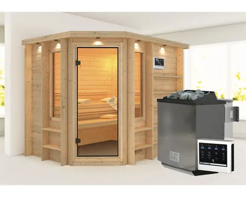 Massivholzsauna Karibu Spinell inkl. 9 kW Bio Ofen u.ext.Steuerung mit Dachkranz und bronzierter Ganzglastüre