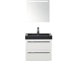 Badmöbel-Set Sanox Seville Naturstein 58x61x45,5 cm Natursteinwaschbecken weiß hochglanz mit LED-Beleuchtung