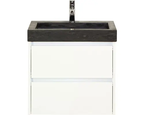 Waschbeckenunterschrank Sanox Dante Naturstein 58x61x45,5 cm mit Natursteinwaschbecken weiß hochglanz