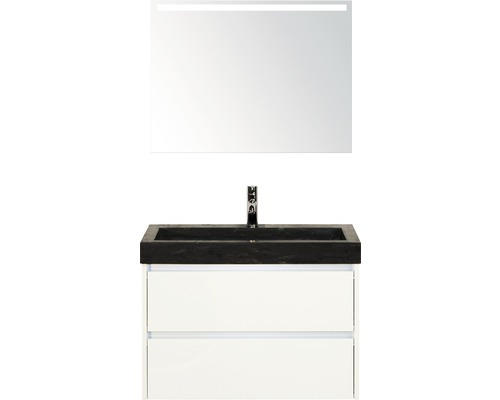 Badmöbel-Set Sanox Dante Naturstein 170x81x45,5 cm Natursteinwaschbecken weiß hochglanz mit LED-Beleuchtung