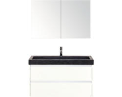Badmöbel-Set Sanox Dante Naturstein 170x101x45,5 cm Natursteinwaschbecken weiß hochglanz mit Spiegelschrank