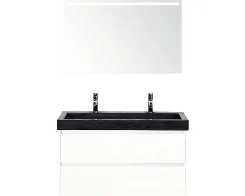 Badmöbel-Set Sanox Dante Naturstein 170x101x45,5 cm Doppel-Natursteinwaschbecken weiß hochglanz mit LED-Beleuchtung