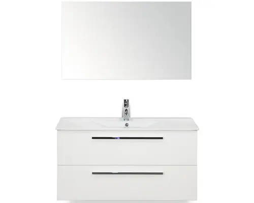 Badmöbel-Set Sanox Seville Keramik 52x101x46 cm Keramikwaschbecken weiß hochglanz mit Spiegel
