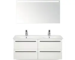 Badmöbel-Set Sanox Seville Keramik 160x35x35 cm Doppel-Keramikwaschbecken 4 Schubladen weiß hochglanz mit LED-Beleuchtung
