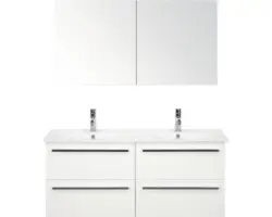 Badmöbel-Set Sanox Seville Keramik 160x35x35 cm Doppel-Keramikwaschbecken 4 Schubladen weiß hochglanz mit Spiegelschrank