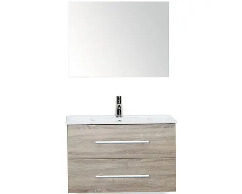 Badmöbel-Set Sanox Stretto Keramik 170x81x39 cm Keramikwaschbecken Eiche grau mit Spiegel