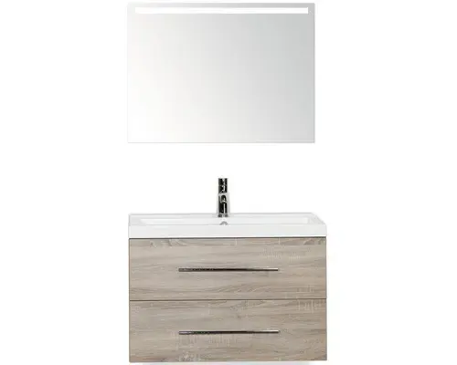 Badmöbel-Set Sanox Straight Mineralguss 55x80x40 cm Mineralgusswaschbecken Eiche grau mit LED-Beleuchtung