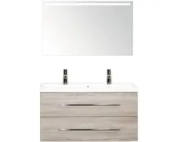 Badmöbel-Set Sanox Straight Mineralguss 170x100x40 cm Doppel-Mineralgusswaschbecken Eiche grau mit LED-Beleuchtung