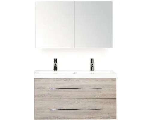 Badmöbel-Set Sanox Straight Mineralguss 170x100x40 cm Doppel-Mineralgusswaschbecken Eiche grau mit Spiegelschrank