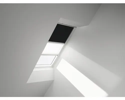 VELUX Vorteils-Set Verdunkelungsrollo uni schwarz und Faltstore Plissee weiß manuell Rahmen aluminium DFD P04 3009S