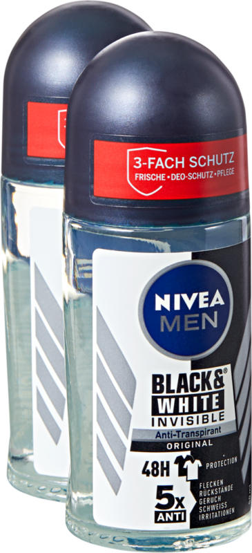 Deodorante roll-on Black & White Invisible Original Nivea Men, Invisible for Black & White, 2 x 50 ml