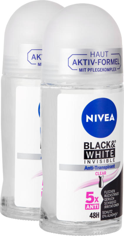 Deodorante roll-on Black & White Invisible Clear Nivea, Black & White invisible, 2 x 50 ml