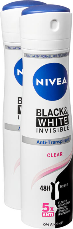 Deodorante spray Black & White Invisible Clear Nivea, 2 x 150 ml