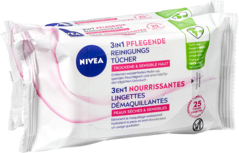Salviettine trattanti detergenti 3 in 1 Nivea, Pelli secche e sensibili, 2 x 25 fazzoletti