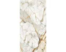 Feinsteinzeug Bodenfliese Visage 120,0x240,0 cm weiß beige grau gold glänzend rektifiziert