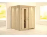 Hornbach Elementsauna Karibu Norina ohne Ofen mit Dachkranz mit Holztüre und Isolierglas wärmegedämmt