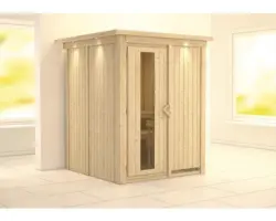 Elementsauna Karibu Norina ohne Ofen mit Dachkranz mit Holztüre und Isolierglas wärmegedämmt