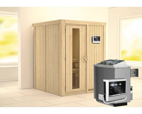 Elementsauna Karibu Norina inkl. 9 kW Ofen u.ext.Steuerung ohne Dachkranz mit Holztüre und Isolierglas wärmegedämmt
