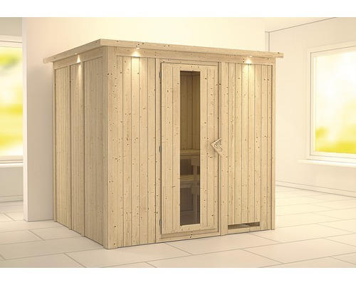 Elementsauna Karibu Sodina ohne Ofen mit Dachkranz und Holztüre mit Isolierglas wärmegedämmt