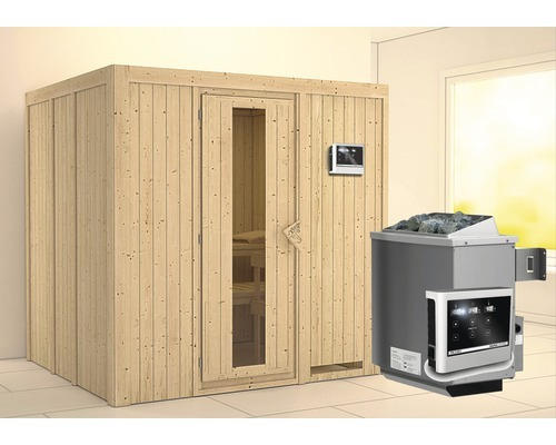 Elementsauna Karibu Sodina inkl. 9 kW Ofen u.ext.Steuerung ohne Dachkranz mit Holztüre und Isolierglas wärmegedämmt