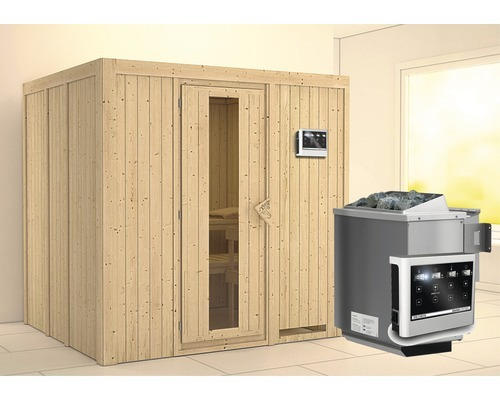 Elementsauna Karibu Sodina inkl. 9 kW Bio Ofen u.ext.Steuerung ohne Dachkranz mit Holztüre und Isolierglas wärmegedämmt
