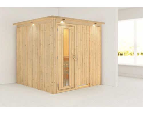 Elementsauna Karibu Rodina ohne Ofen mit Dachkranz und Holztüre mit Isolierglas wärmegedämmt