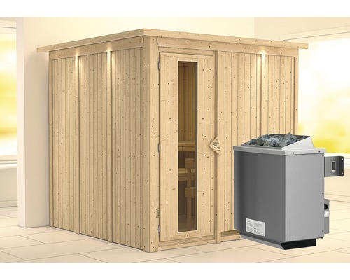 Elementsauna Karibu Rodina inkl. 9 kW Ofen u.integr.Steuerung mit Dachkranz und Holztüre mit Isolierglas wärmegedämmt