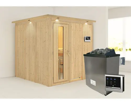 Elementsauna Karibu Rodina inkl. 9 kW Ofen u.ext.Steuerung mit Dachkranz und Holztüre mit Isolierglas wärmegedämmt