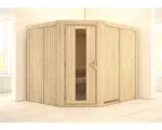 Hornbach Elementsauna Karibu Malina ohne Ofen und Dachkranz mit Holztüre und Isolierglas wärmegedämmt