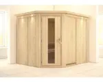 Hornbach Elementsauna Karibu Malina ohne Ofen mit Dachkranz und Holztüre mit Isolierglas wärmegedämmt