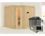 Hornbach Elementsauna Karibu Malina inkl. 9 kW Ofen u.ext.Steuerung ohne Dachkranz mit Holztüre und Isolierglas wärmegedämmt