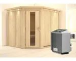 Hornbach Elementsauna Karibu Malina inkl. 9 kW Ofen u.integr.Steuerung mit Dachkranz und Holztüre mit Isolierglas wärmegedämmt