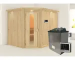 Hornbach Elementsauna Karibu Malina inkl. 9 kW Ofen u.ext.Steuerung mit Dachkranz und Holztüre mit Isolierglas wärmegedämmt
