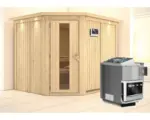 Hornbach Elementsauna Karibu Malina inkl. 9 kW Bio Ofen u.ext.Steuerung mit Dachkranz und Holztüre mit Isolierglas wärmegedämmt