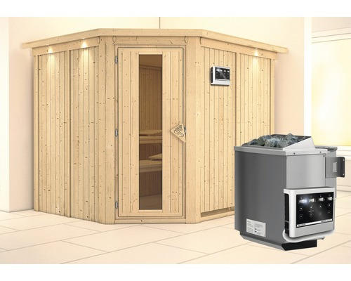 Elementsauna Karibu Malina inkl. 9 kW Bio Ofen u.ext.Steuerung mit Dachkranz und Holztüre mit Isolierglas wärmegedämmt