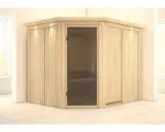 Hornbach Elementsauna Karibu Malina ohne Ofen mit Dachkranz und graphitfarbiger Ganzglastüre