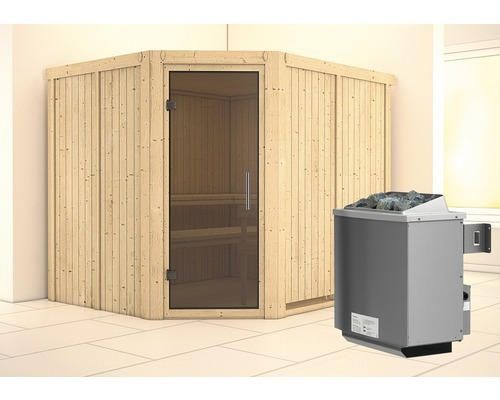 Elementsauna Karibu Malina inkl. 9 kW Ofen u.integr.Steuerung ohne Dachkranz mit graphitfarbiger Ganzglastüre