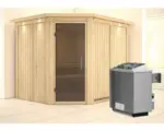 Hornbach Elementsauna Karibu Malina inkl. 9 kW Ofen u.integr.Steuerung mit Dachkranz und graphitfarbiger Ganzglastüre